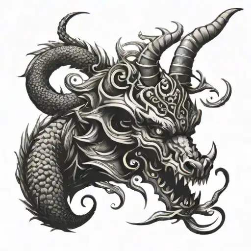 A blackwork tattoo featuring a fierce dragon intertwined with symbols of Greek mythology, like the Minotaur or Hades' helmet tattoo design idea