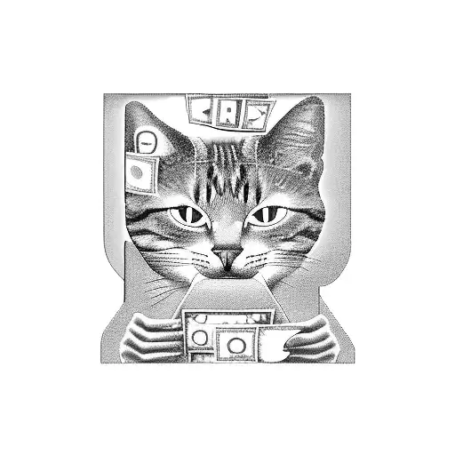 A dotwork tattoo of a cashier counting money with a cat sitting on the cash register, surrounded by beach and nature scenery tattoo design idea