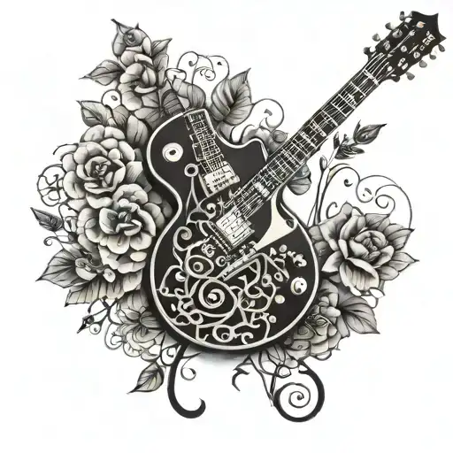 Les Paul guitar with intricate vine and flower details intertwined in the design tattoo design idea