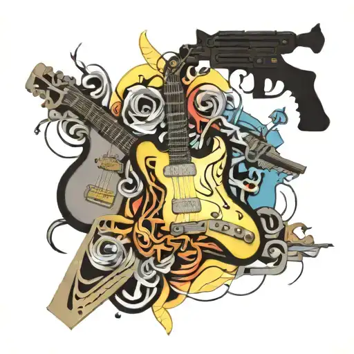 A collage of guitar, guns, and Corvette parts forming a unique and abstract design tattoo design idea