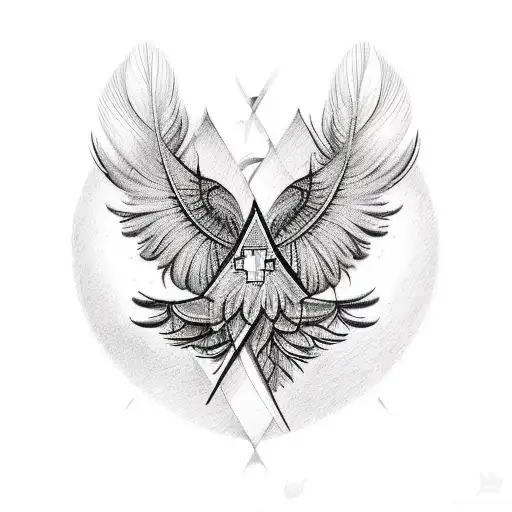 Design a tattoo that intricately weaves together my grandfather's cherished Swiss army knife, delicate chicken feathers, tattoo design idea