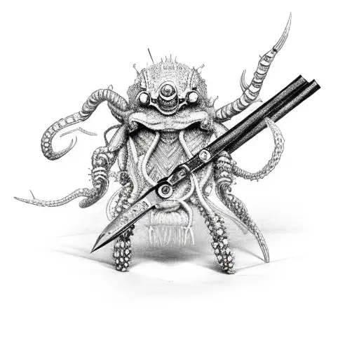 make a swiss army knife with a walking cane and a wooden spood criss crossing behind it tattoo design idea