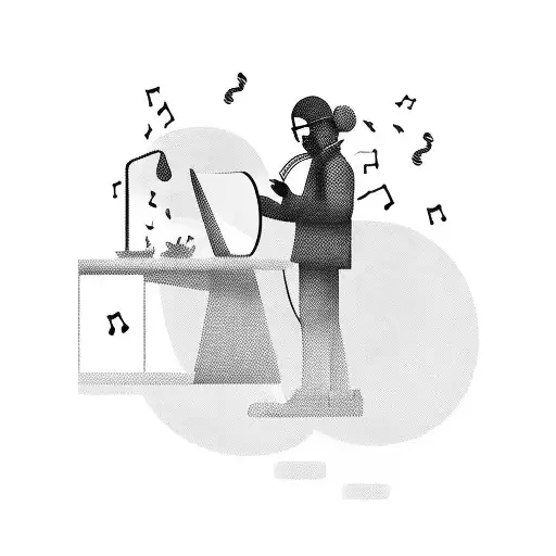 A silhouette of a software engineer coding, with musical notes as the background tattoo design idea