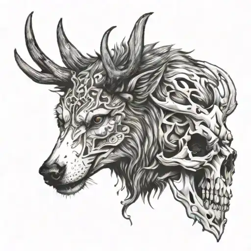 half wolf head with the other half beaing a deer skull with antlers tattoo design idea
