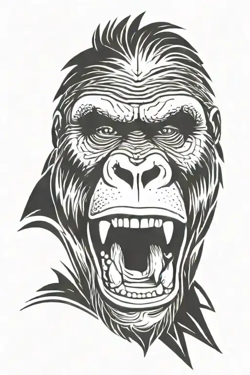 face of raging gorilla with mouth wide open, staring in front. thin lines. tattoo design idea