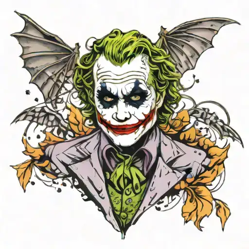 the joker heath ledger with bats flying across tattoo design idea