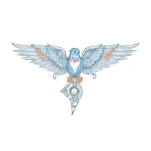 a blue bird with feathers with the band Toto. electric guitar. flute. snowmobile. bright blue and orange colors tattoo design idea