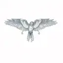 a blue bird with feathers with the band Toto. electric guitar. flute. snowmobile tattoo design idea