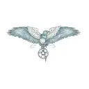 a blue bird with feathers with the band Toto. electric guitar. flute. snowmobile tattoo design idea