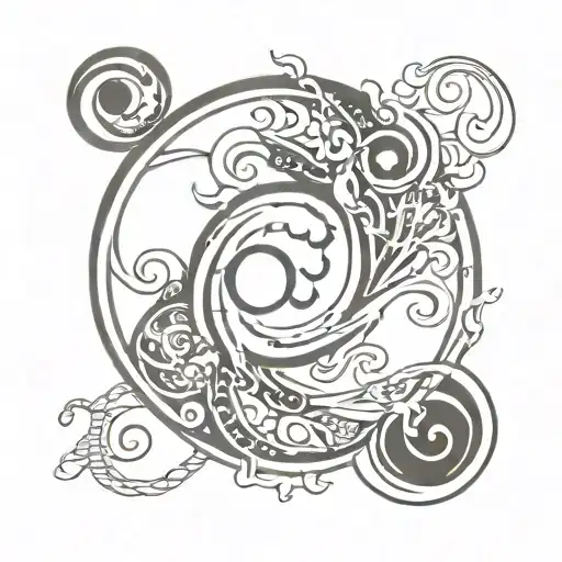 A small yin-yang symbol, with Aquarius and Sagittarius symbols integrated into the design and infinity symbol simple  tattoo design idea