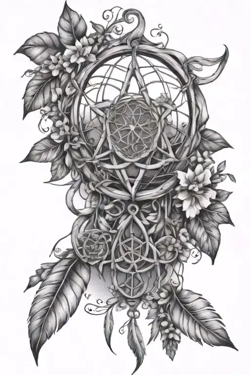 triquetra dream catcher entangled in a beautiful plants tattoo design idea