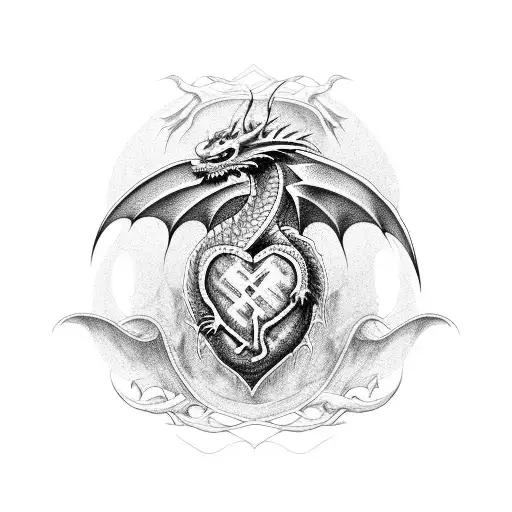 european dragon guarding anatomical heart tattoo design idea