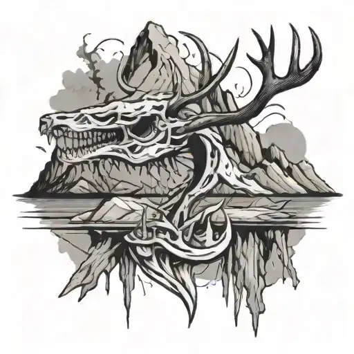 Deer skull ripping skin open reveling mountain river with trout. Electrical storm in background. black and white tattoo design idea