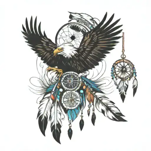 An Eaglefeather with ink on the end of it with a Dreamcatcher that has an Indian chief head in the center of the Dreamca tattoo design idea