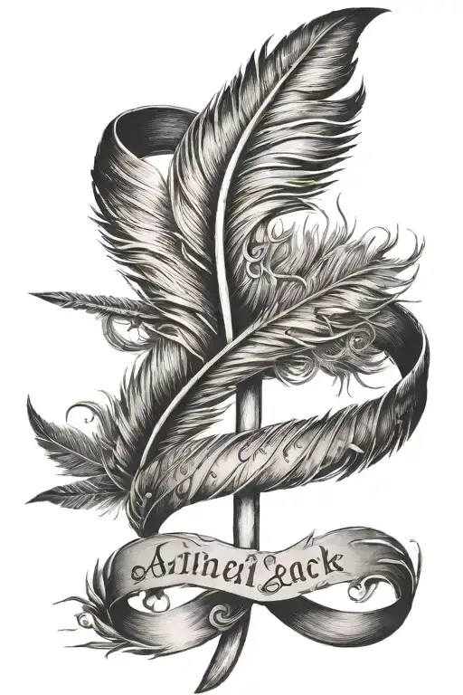 detailed infinity Feather with a spear through the middle of the tatto with the names Amelia and Jack around the loops tattoo design idea