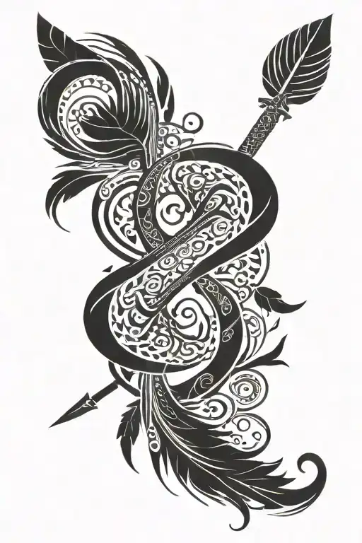 very detailed infinity Feather with the names Amelia and Jack around the loops of the symbol with a spear through it tattoo design idea