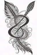 very detailed infinity Feather with the names Amelia and Jack around the loops of the symbol with a spear through it tattoo design idea