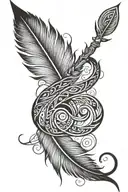 very detailed infinity Feather with the names Amelia and Jack around the loops of the symbol with a spear through it tattoo design idea