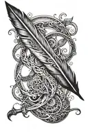 very detailed infinity Feather with the names Amelia and Jack around the loops of the symbol with a spear through it tattoo design idea