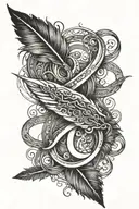 very detailed infinity Feather with the names Amelia and Jack around the loops of the symbol with a spear through it tattoo design idea