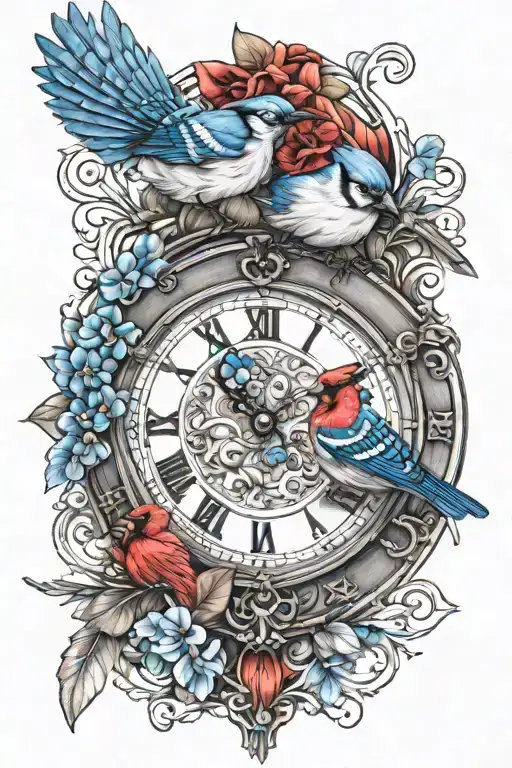 clock face and blue jay and red cardinal tattoo design idea