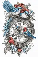 clock face and blue jay and red cardinal tattoo design idea