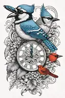clock face and blue jay and red cardinal tattoo design idea