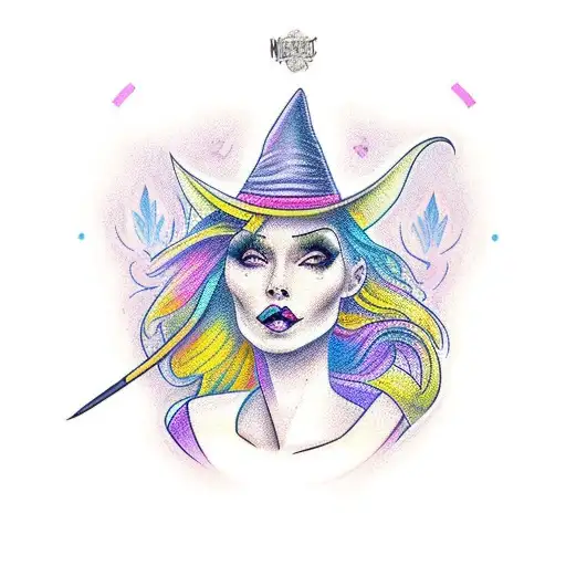 bright colorful pretty witch tattoo design idea