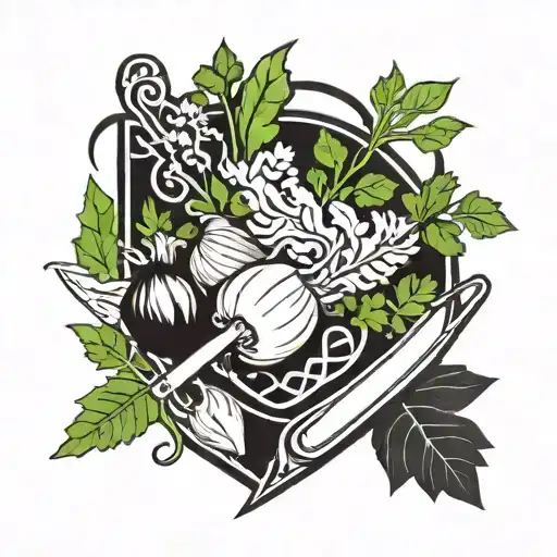 Parsley, coriander, onion, garlic, green onion, leek, basil, mint and a chef's knife  tattoo design idea