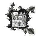 Incorporate elements of Saint Anthony, Saint Scholastica, Saint Paul, Saint  in a cathedral architecture inspired design tattoo design idea