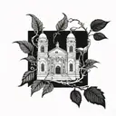 Incorporate elements of Saint Anthony, Saint Scholastica, Saint Paul, Saint  in a cathedral architecture inspired design tattoo design idea