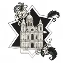 Incorporate elements of Saint Anthony, Saint Scholastica, Saint Paul, Saint  in a cathedral architecture inspired design tattoo design idea