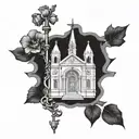 Incorporate elements of Saint Anthony, Saint Scholastica, Saint Paul, Saint  in a cathedral architecture inspired design tattoo design idea