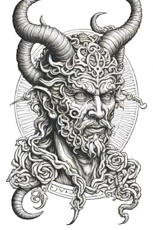 the devil looks ahed while holding the staff of asclepius in her hand  tattoo design idea