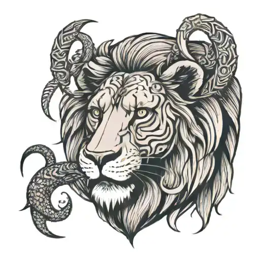 Lion with a big long maine holding a dead snake in its mouth and a thorn crown on its head, a lamb in its left eye. tattoo design idea