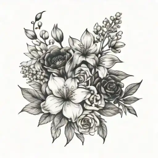 birth month flower bouquet with flowers of the month for April, May and June  tattoo design idea