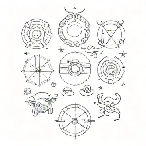 camera zodiac symbols for Aries, Libra, Taurus & Gemini intertwuned tattoo design idea