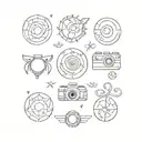 camera zodiac symbols for Aries, Libra, Taurus & Gemini intertwuned tattoo design idea