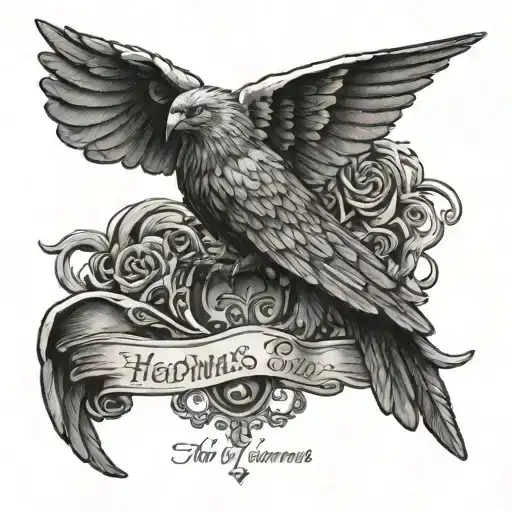 a bird eating it's wings with the phrase "the bird of hermes is my name, i eat my wings to keep me tame" underneath tattoo design idea