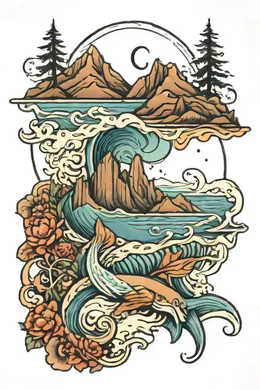 ocean and mountains tattoo design idea