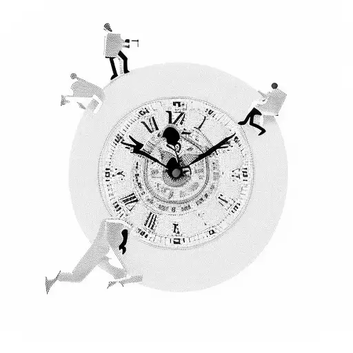 A man dissipating while walking on the hands of a clock showing 17:50, and the clock showing 10 o'clock in Roman numeral tattoo design idea