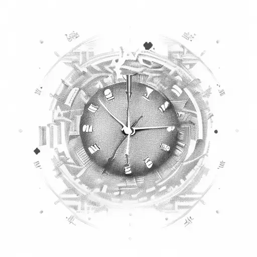 A man dissipating while walking on the hands of a clock showing 17:50, and the clock showing 10 o'clock in Roman numeral tattoo design idea