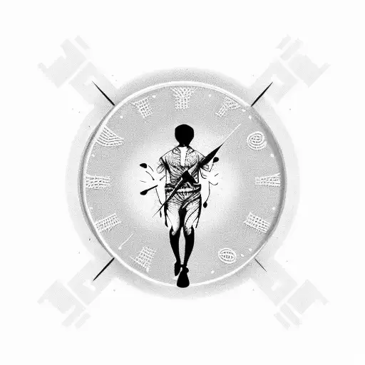 A man dissipating while walking on the hands of a clock showing 17:50, and the clock showing 10 o'clock in Roman numeral tattoo design idea