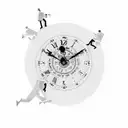 A man dissipating while walking on the hands of a clock showing 17:50, and the clock showing 10 o'clock in Roman numeral tattoo design idea