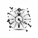 A man dissipating while walking on the hands of a clock showing 17:50, and the clock showing 10 o'clock in Roman numeral tattoo design idea