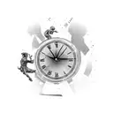 A man dissipating while walking on the hands of a clock showing 17:50, and the clock showing 10 o'clock in Roman numeral tattoo design idea