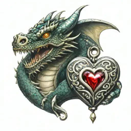 dragon holding a heart shaped locket tattoo design idea