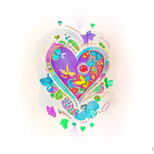 A vibrant new-school tattoo featuring a heart-shaped semicolon surrounded by colorful butterflies, representing transformation and growth tattoo design idea