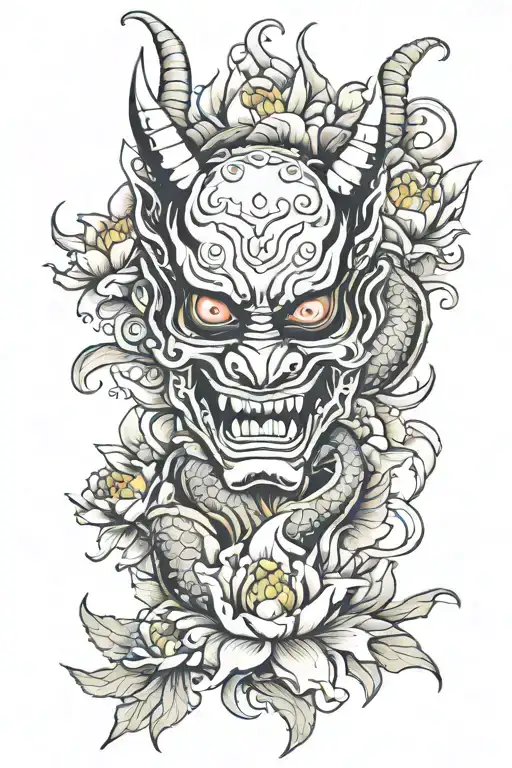 Make a wabori style, half hannya mask, half satan mask with lotuses, dragons around it for an arm sleeve tattoo, colorfu tattoo design idea
