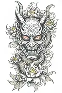 Make a wabori style, half hannya mask, half satan mask with lotuses, dragons around it for an arm sleeve tattoo, colorfu tattoo design idea